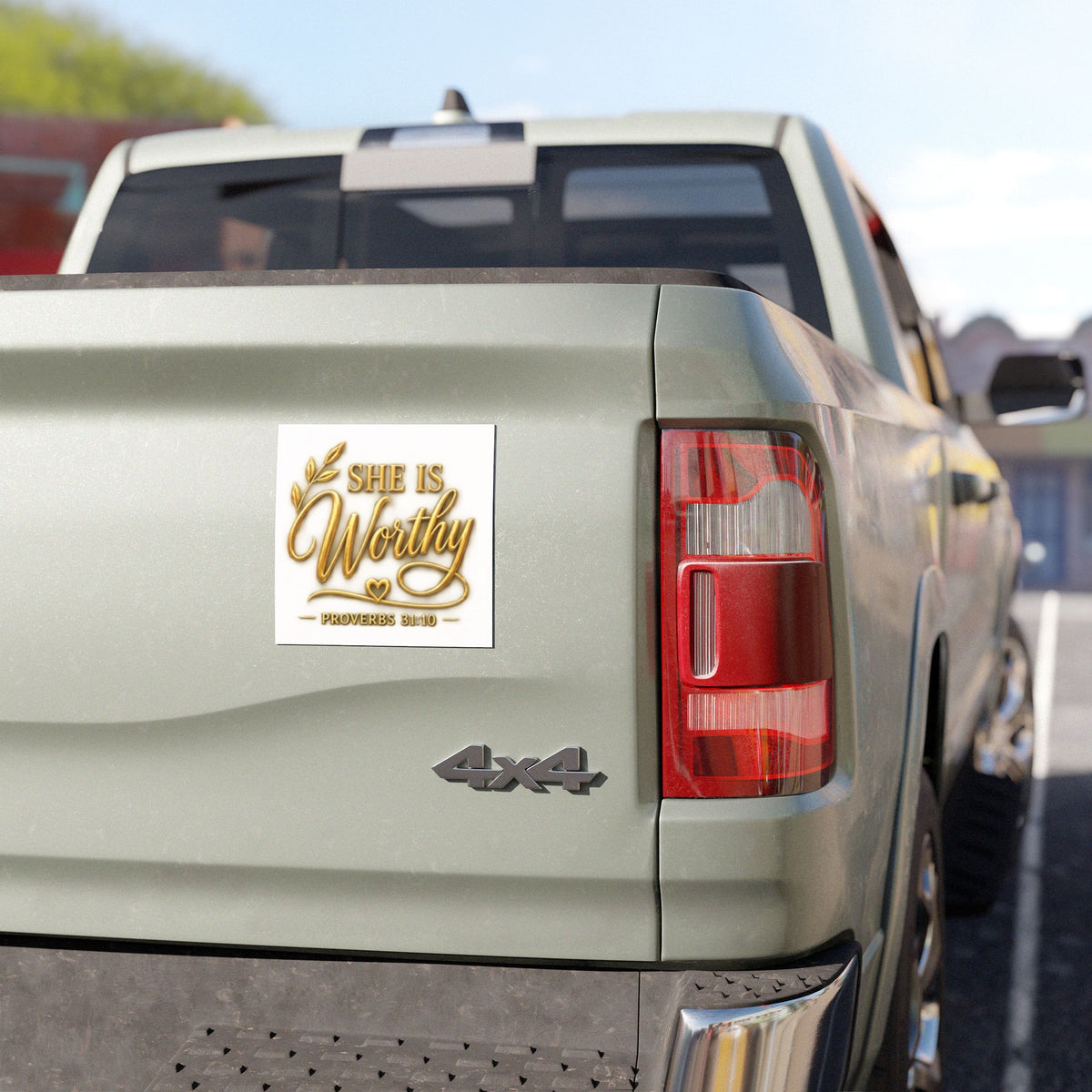 She Is Worthy Proverbs 31:10 Car Magnet — Gold Script Christian Faith Decal