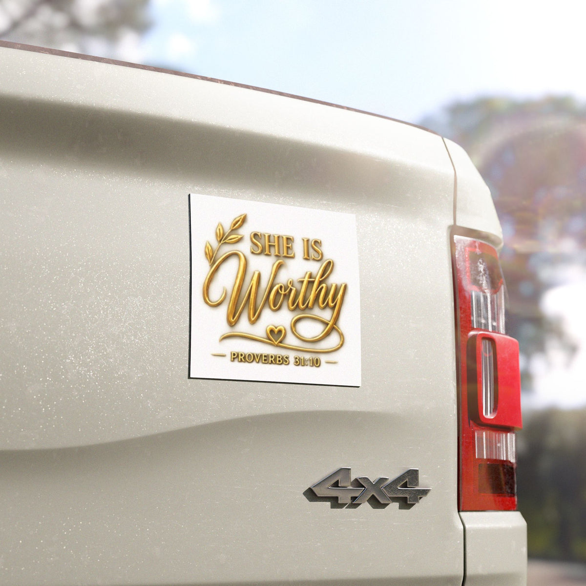 She Is Worthy Proverbs 31:10 Car Magnet — Gold Script Christian Faith Decal