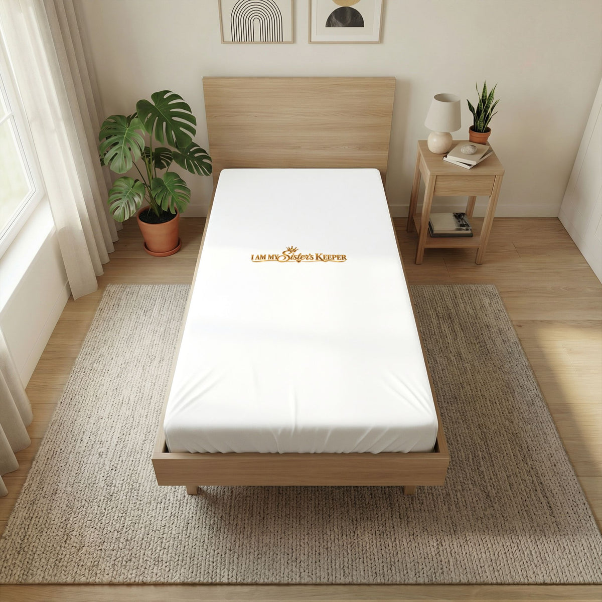 Twin Sheet — "I Am My Sister's Keeper" Embroidered White Flat Sheet